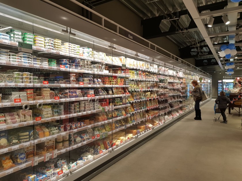 Refrigerated dairy cabinets in a supermarket
